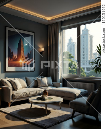 Modern interior lounge with cityscape view and elegant wall art 120151932