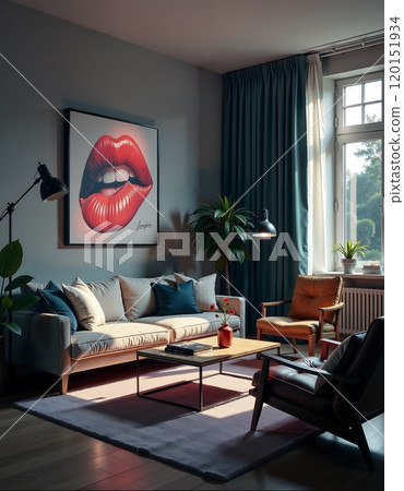 Modern living room interior with artistic lip wall art and cozy furniture 120151934