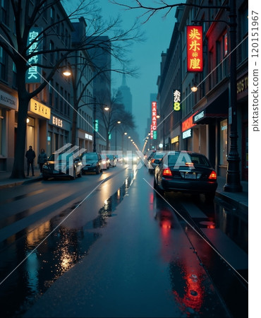 Rainy urban night street with neon lights and wet reflections 120151967