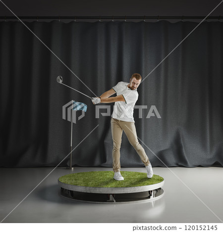 Focused man in pastel colored clothes standing on 3D round platform and playing golf with focus, demonstrating skills. Focused man in pastel colored clothes standing on 3D round platform and playing golf with focus, demonstrating skills. 120152145
