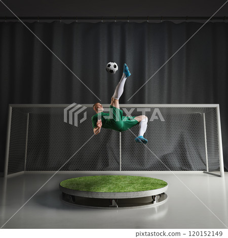 Soccer player in green uniform performing dynamic kick of a ball on a circular 3D platform against dark background. Athleticism and skills 120152149
