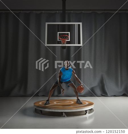 Male basketball player in blue jersey standing in dynamic pose with ball on 3D render of platform against dark background. Male basketball player in blue jersey standing in dynamic pose with ball on 3D render of platform against dark background. 120152150
