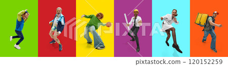 Collage made from portraits of people, different ages and occupations, dancing of happiness and joy against multicolored background. 120152259