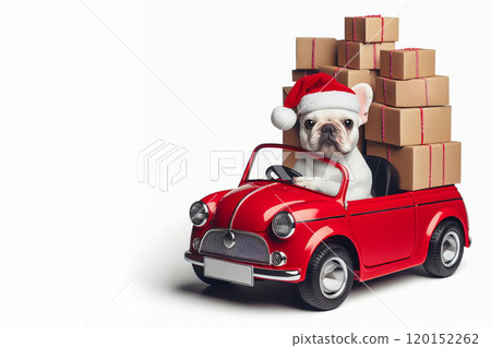 French bulldog wearing Santa hat driving red toy car with stacked gift boxes. Studio pet photography on white background. Christmas holiday and delivery concept, 120152262