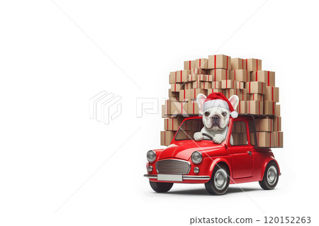 French Bulldog in Santa Hat Driving Red Car Loaded with Gift Boxes. 120152263