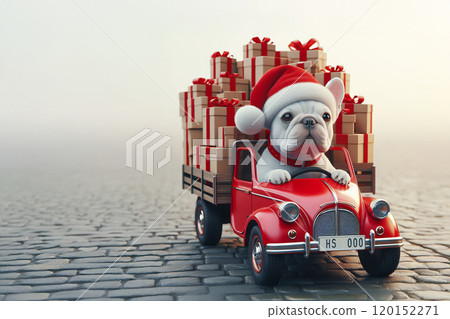 French Bulldog wearing a Santa hat driving a miniature red truck stacked with brown gift boxes wrapped in red ribbons, set against a blurred outdoor backdrop, Christmas theme scene 120152271