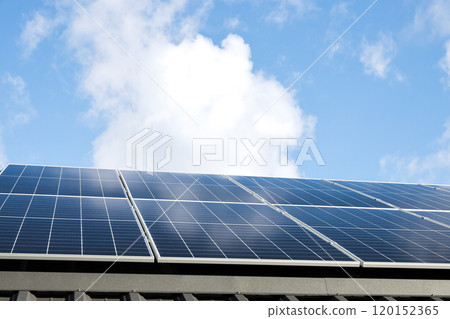 Aerial view of solar panel stand-alone photovoltaic plant system on cloudy blue sky background. Clean alternative energy power in nature concept, sustainable resources. Professional installation 120152365