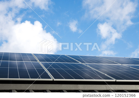 Aerial view of solar panel cells against cloudy blue sky. Alternative energy concept, sustainable resources. House with solar panels stand-alone photovoltaic plant system. Professional installation 120152366