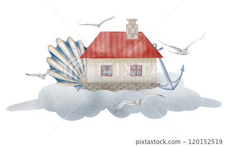Watercolor illustration of fantasy house flying on a cloud with seashell and sea birds. Drawing of magic building with red roof and seagulls for Baby greeting cards or childish invitation. Art for kid Watercolor illustration of fantasy house flying on a cloud with seashell and sea birds. Drawing of magic building with red roof and seagulls for Baby greeting cards or childish invitation. Art for kid 120152519