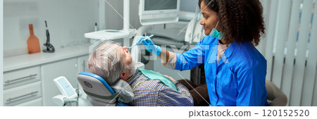 Dentist gently performs dental check-up, making patient feel comfortable and cared for. Her calm demeanor helps ease any patient anxiety. 120152520