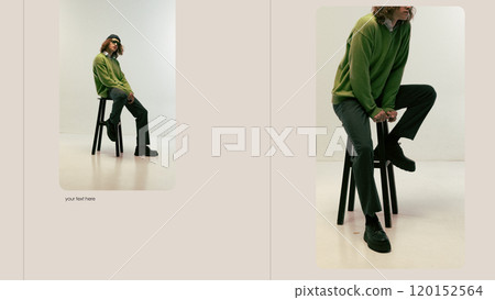 Young man wearing green sweater and dark pants, seated casually on black stool with minimalist background. Lifestyle, fashion, and advertising with copy space. Young man wearing green sweater and dark pants, seated casually on black stool with minimalist background. Lifestyle, fashion, and advertising with copy space. 120152564