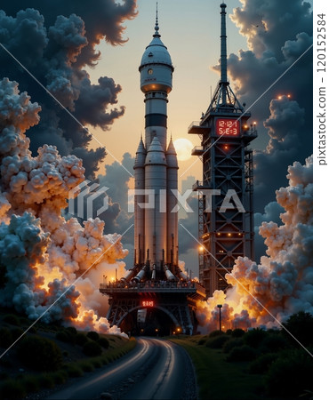 Rocket launch at dawn with dramatic clouds and sunlight 120152584