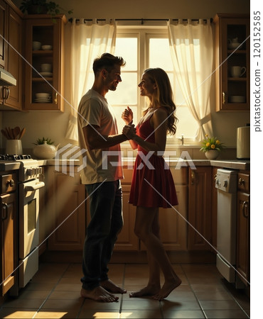 Romantic couple in warmly lit kitchen embraces love and happiness 120152585