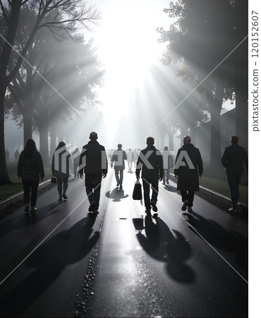 Silhouettes of people walking on a foggy road at sunrise 120152607