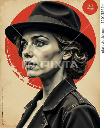 Vintage noir portrait with red circle background - digital art design for posters and prints 120152664