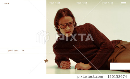 Stylish young man in glasses wearing brown cable-knit sweater, lying down against light background. Fashion, lifestyle, and minimalist design concepts 120152674
