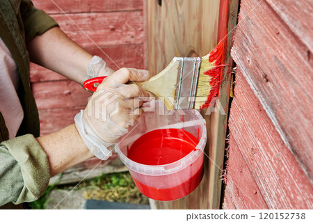 Painting entrance metal door of wooden country house in red. 120152738