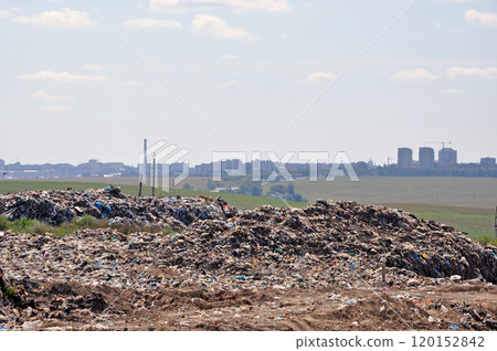 Polluted area of the municipal landfill with cityscape in smog in the background Polluted area of the municipal landfill with cityscape in smog in the background 120152842