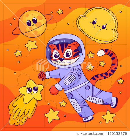 Cartoon tiger in space with planets, comets, stars for kids. Puzzle template. Vector Cartoon tiger in space with planets, comets, stars for kids. Puzzle template. Vector 120152876
