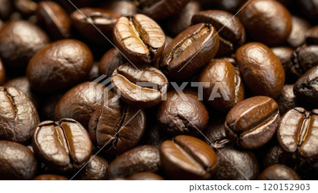Close-up image of rich brown aromatic coffee beans, invoking a sense of warmth and comfort 120152903