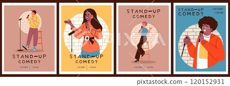 Comedian artist woman, man with microphone perform stand-up comedy show on stage vector announcement poster design set Comedian artist woman, man with microphone perform stand-up comedy show on stage vector announcement poster design set 120152931
