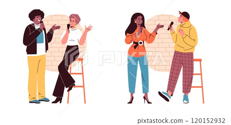 Couple with microphone host stand-up comedy show, artist man and woman tell jokes, humor conversation perform vector set Couple with microphone host stand-up comedy show, artist man and woman tell jokes, humor conversation perform vector set 120152932