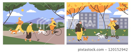 Vector collection of two illustrations with elderly people leading an active lifestyle with dogs 120152942