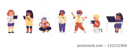 Vector illustration of a set of children of different genders with digital gadgets. 120152968