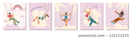 A set of posters depicting happy women swinging on a seesaw. A set of posters depicting happy women swinging on a seesaw. 120152970