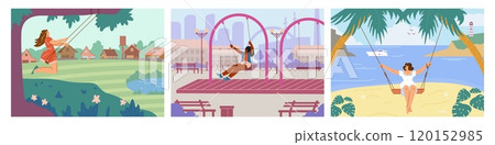 Set of happy women swinging on a swing against the backdrop of a rural, urban and beach landscape. Set of happy women swinging on a swing against the backdrop of a rural, urban and beach landscape. 120152985
