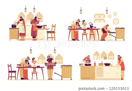 Muslim family prepares a festive dinner together in the kitchen. 120153013
