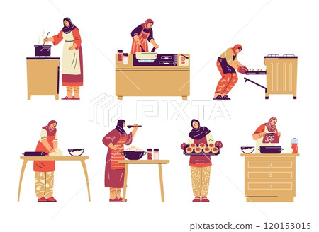 Muslim women cooking set of vector illustrations. 120153015
