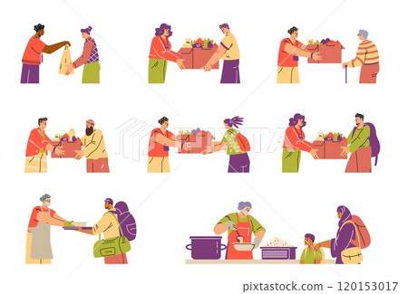 Foodsharing vector illustrations set of people sharing food 120153017