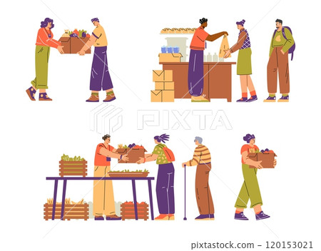 Food sharing. Volunteers give food to people in need. 120153021