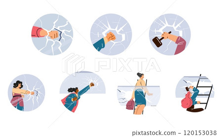 Women break the glass ceiling with their fist and hammer. 120153038
