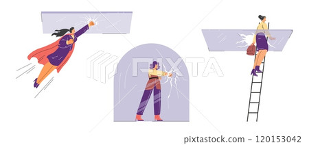Vector illustration of a set of women breaking a glass ceiling and a dome. 120153042