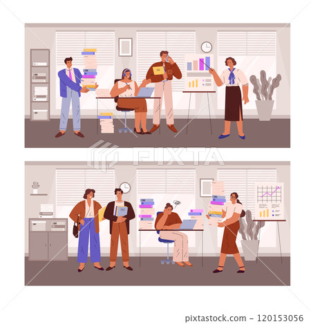 A vector illustration depicting a busy office scene with secretaries and managers 120153056