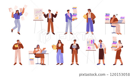 Vector office scene showing busy workers and excessive amount of paperwork on a white background 120153058
