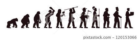 Human evolution vector infographics black silhouette, from monkey, primitive caveman, stone ages male, to future man 120153066