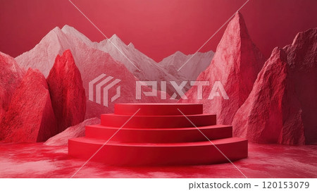 monochromatic landscape with abstract red mountains and a bold circular podium in the foreground 120153079