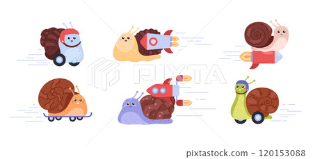 Set of fast snails in a helmet on a skateboard, rocket, wheels. Set of fast snails in a helmet on a skateboard, rocket, wheels. 120153088