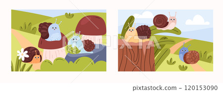 A collection of vector illustrations with cute snails on the background of nature A collection of vector illustrations with cute snails on the background of nature 120153090