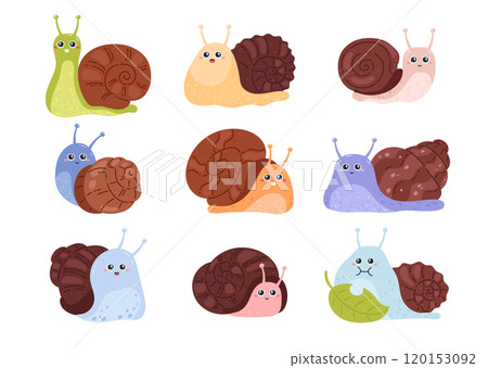 A vector set with cute snails in a cartoon style on a white background A vector set with cute snails in a cartoon style on a white background 120153092