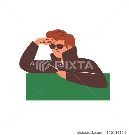 Vector illustration of a spy man peeking out from behind a rectangular green shape. Vector illustration of a spy man peeking out from behind a rectangular green shape. 120153134