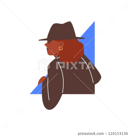 A woman in a hat peeks, watches, hides behind wall. A woman in a hat peeks, watches, hides behind wall. 120153136