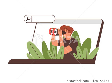 Vector illustration with a young man looking out of a laptop and looking through binoculars 120153144