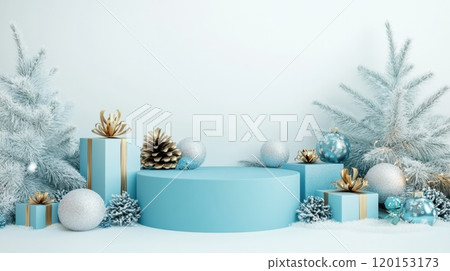 podium in festive holiday scene with frosted pine trees, blue gift boxes, and sparkling ornaments 120153173
