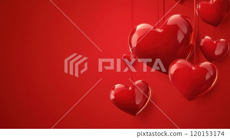 glossy red hearts of varying sizes hanging against a rich red background 120153174