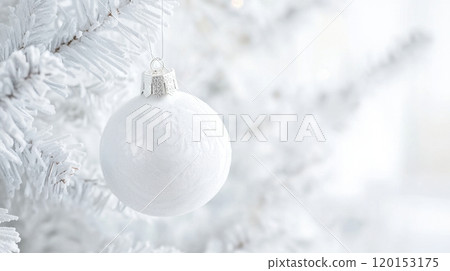white Christmas ornament hanging on a snow-covered branch, creating a serene and elegant winter scene 120153175