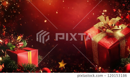 vibrant Christmas scene, with red and gold gift boxes adorned with sparkling ribbons 120153186